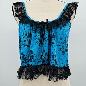 vintage blue & black lace trim off the shoulder cropped tank women’s M lingerie